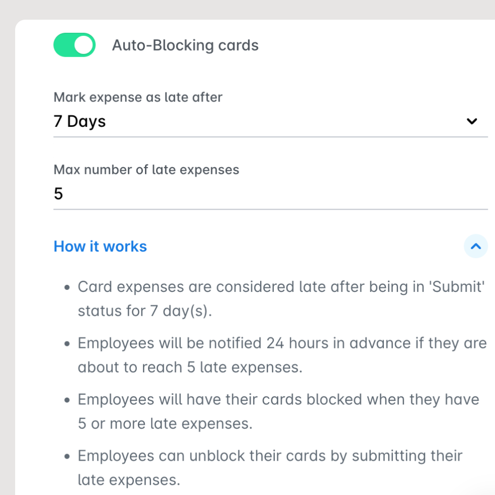 Blocking employee's corporate expense card via an admin dashboard of Payhawk spend management solution